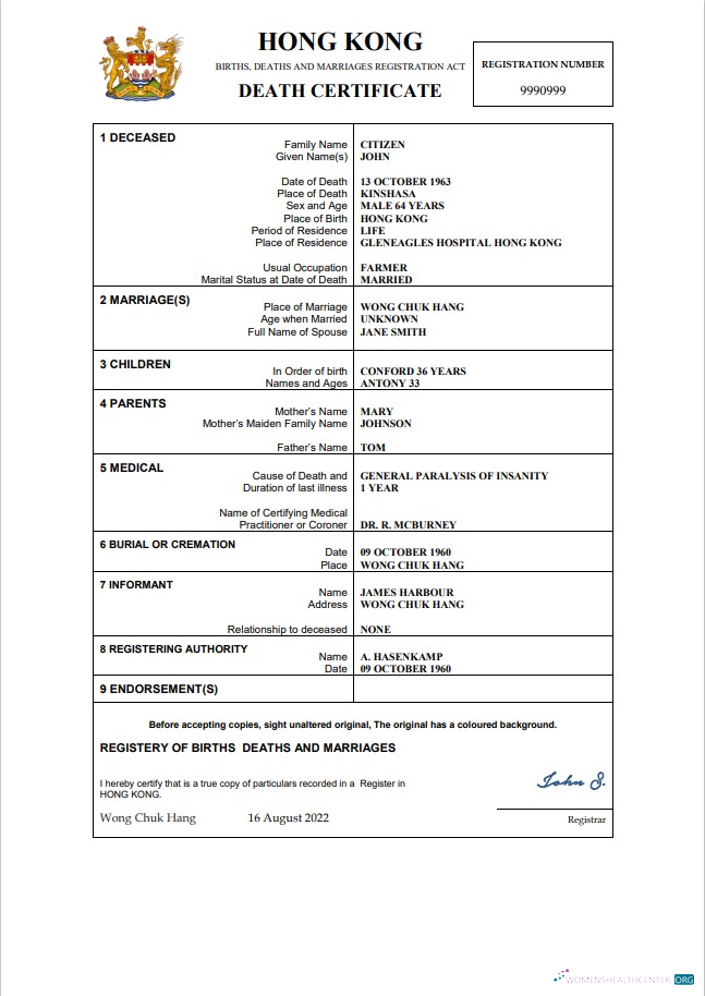 Download Hong Kong death certificate Word and PDF template, Photoshop template